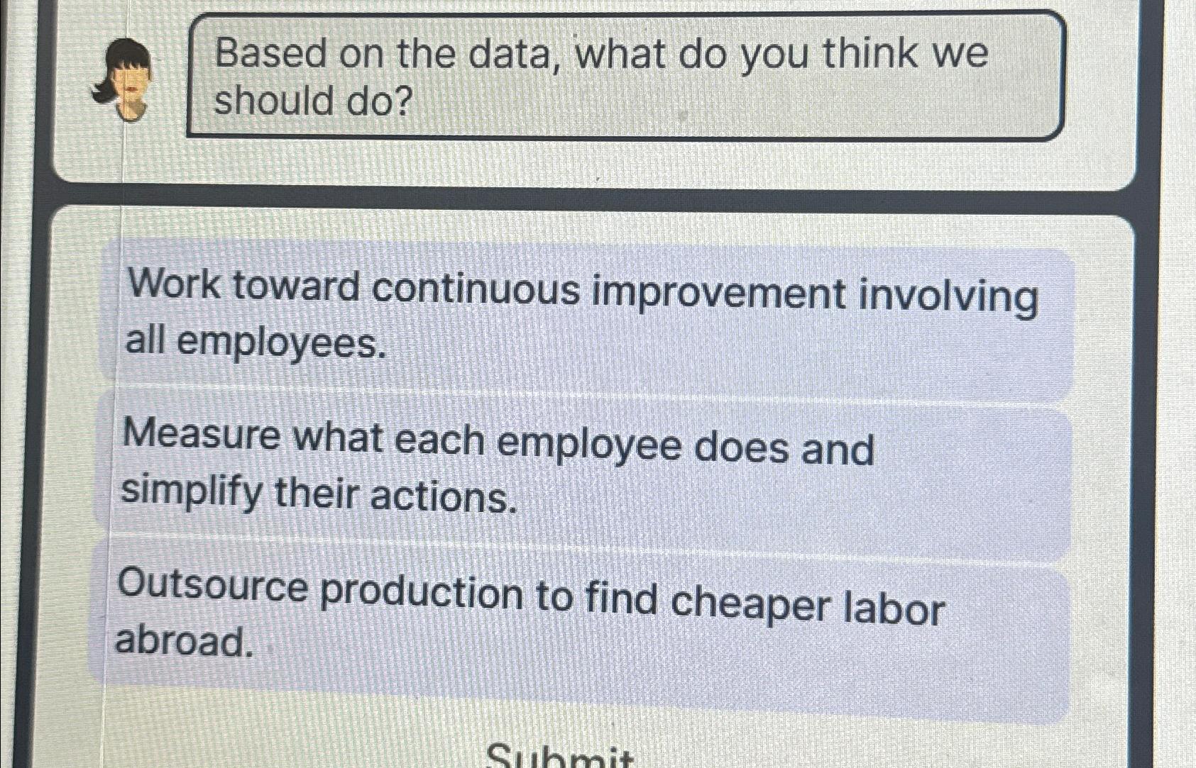  Based on the data, what do you think we should do?
