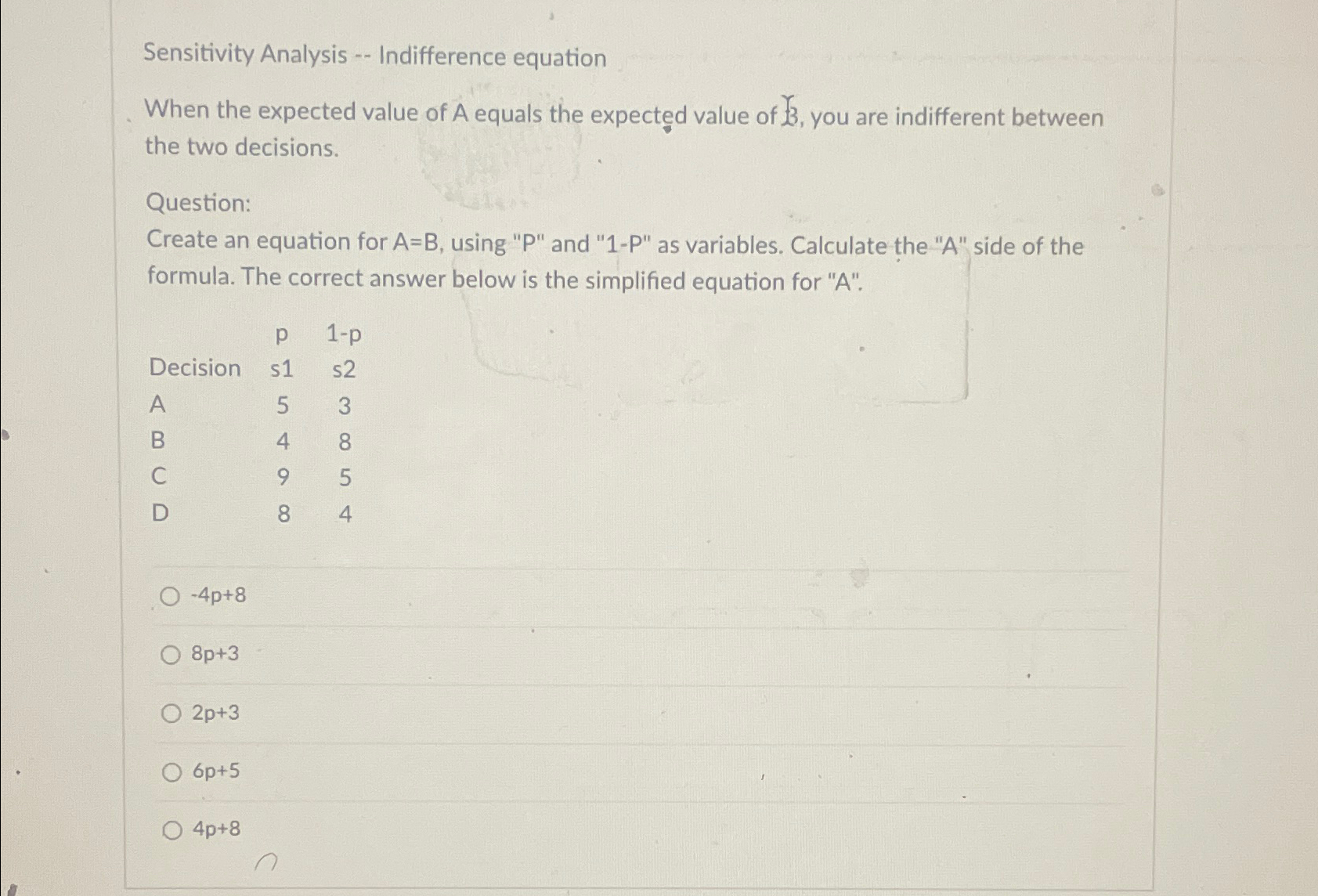  Sensitivity Analysis -- Indifference equation When the expected value of A