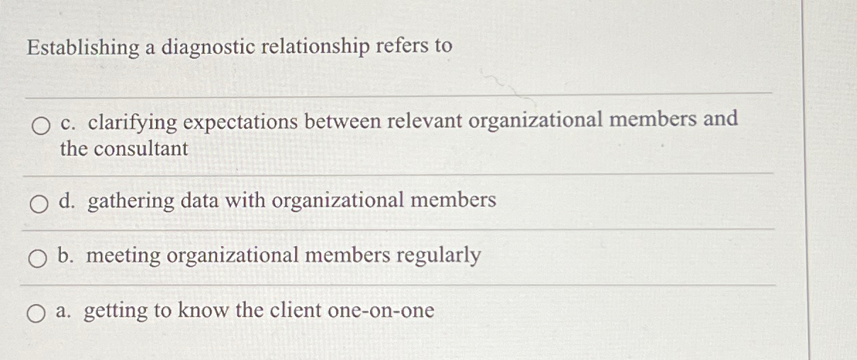  Establishing a diagnostic relationship refers to c. clarifying expectations between relevant