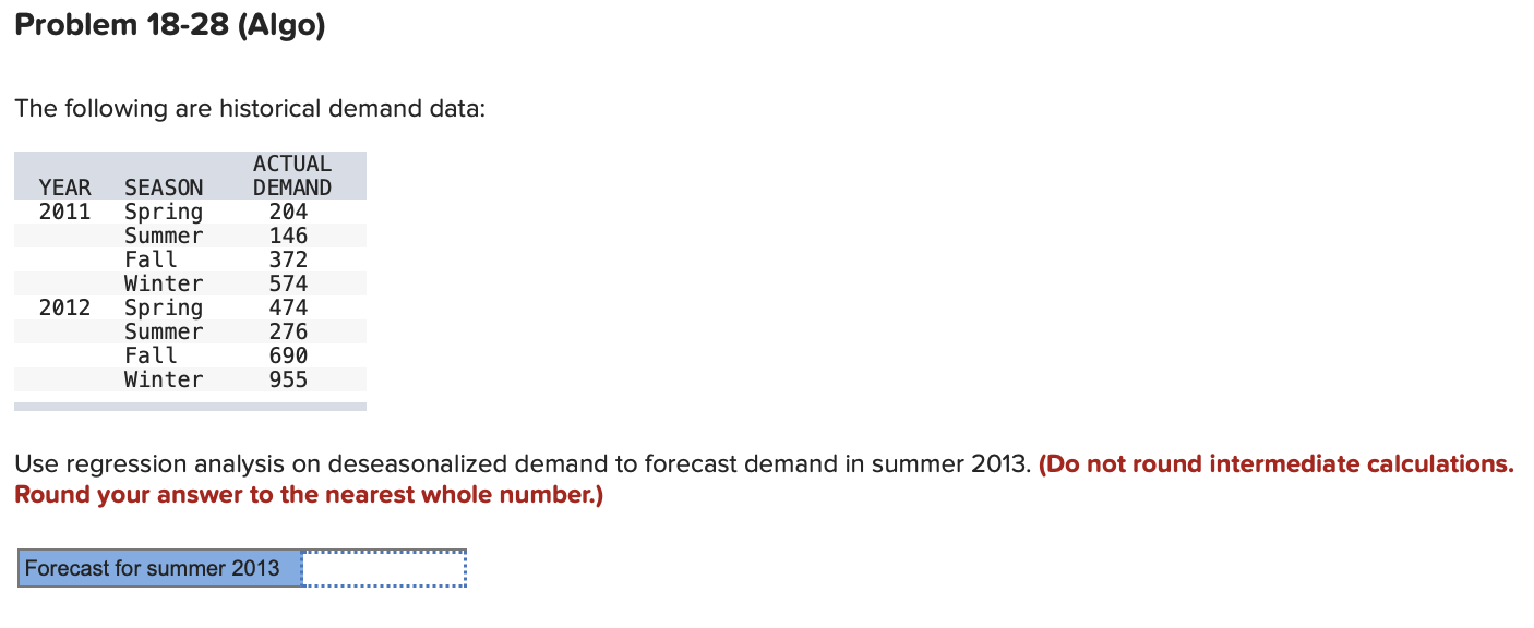  Problem 18-28(Algo) The following are historical demand data: Use regression analysis