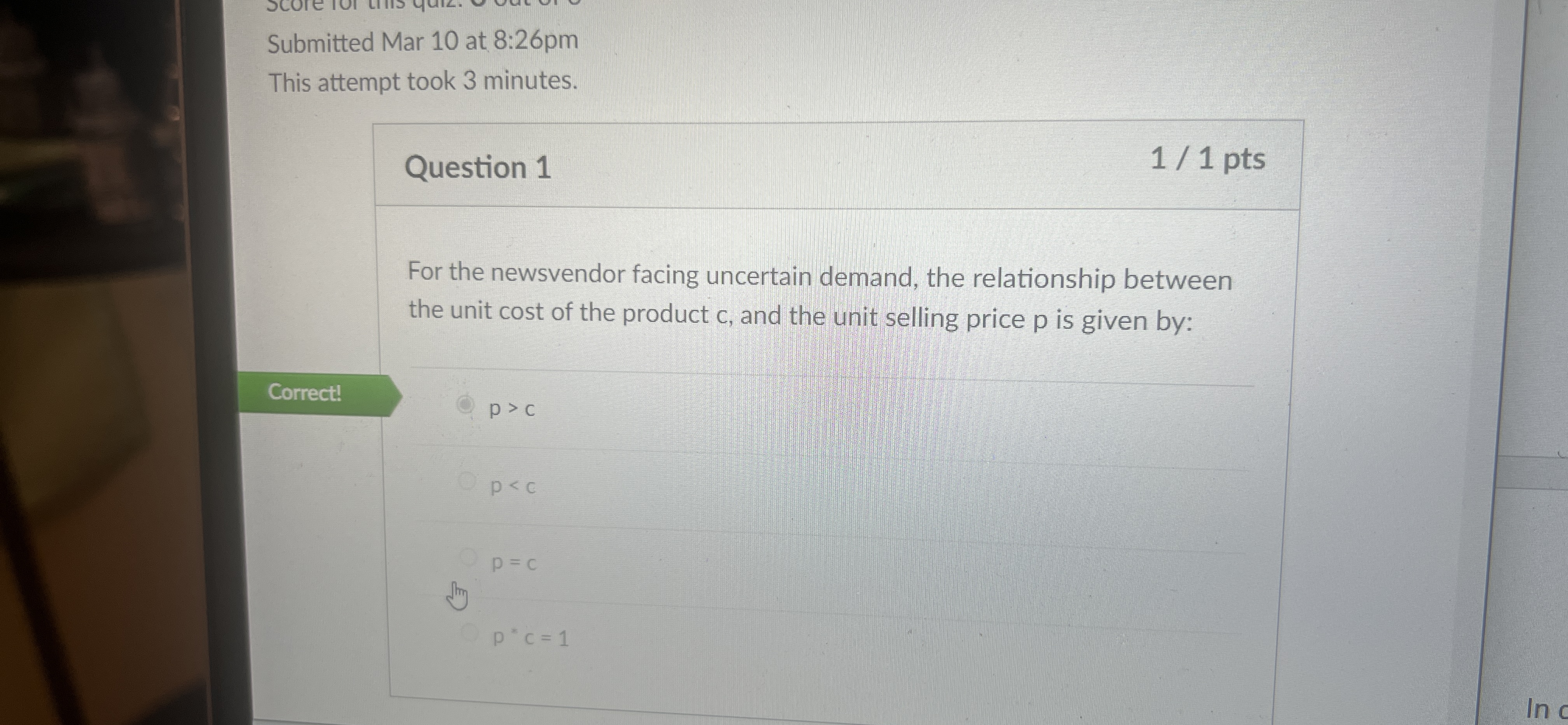  Submitted Mar 10 at 8:26pm This attempt took 3 minutes. Question
