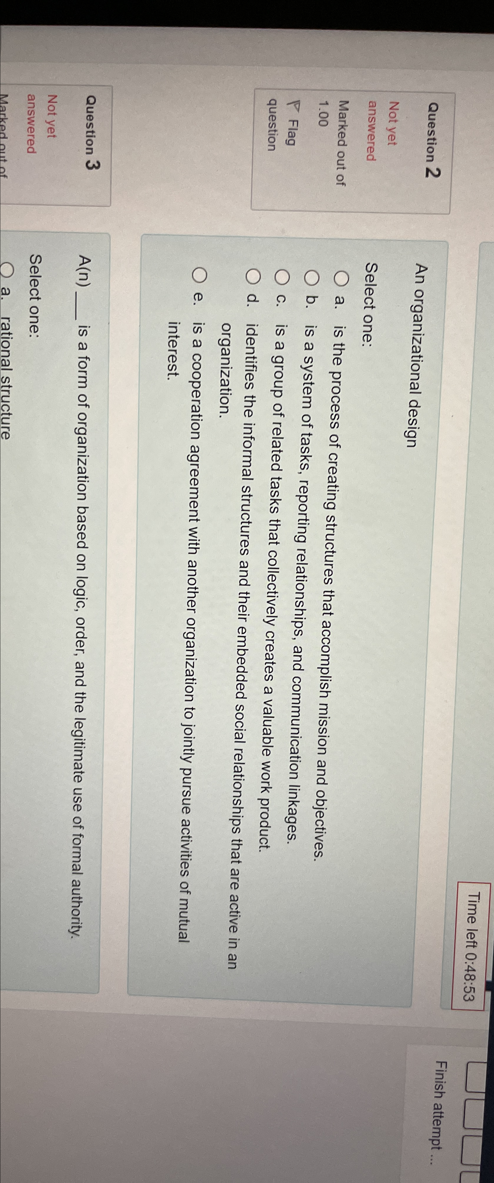  Time left 0:48:53 Question 2 Not yet answered Marked out of