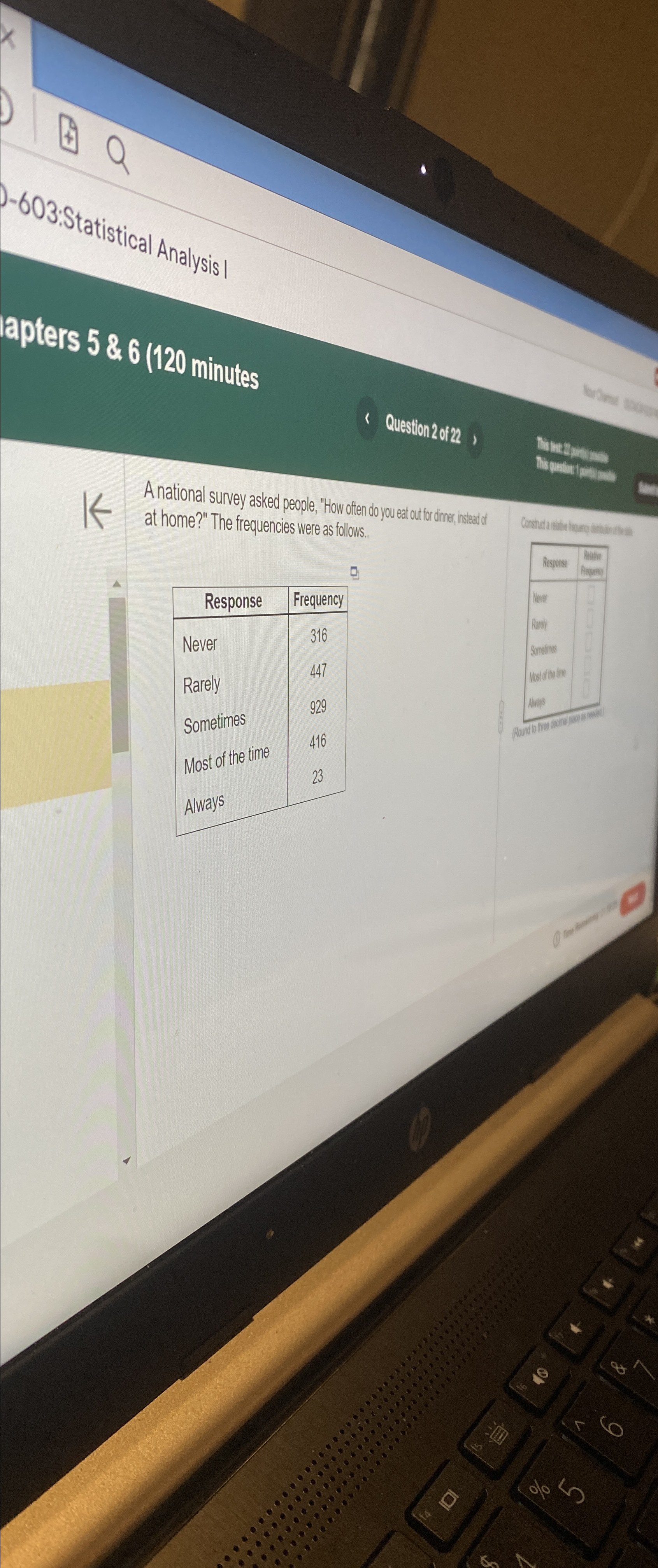  apters 5 & 6(120 minutes Question 2 of22, A national survey