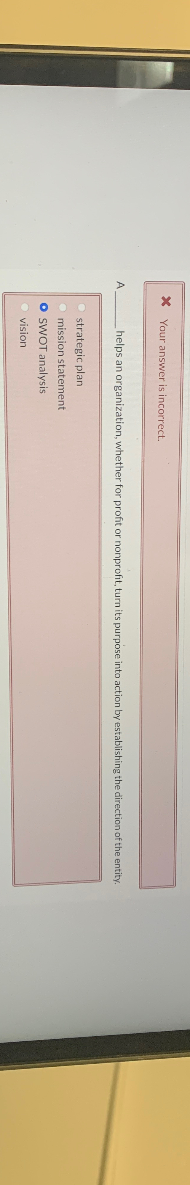  Your answer is incorrect. A helps an organization, whether for profit