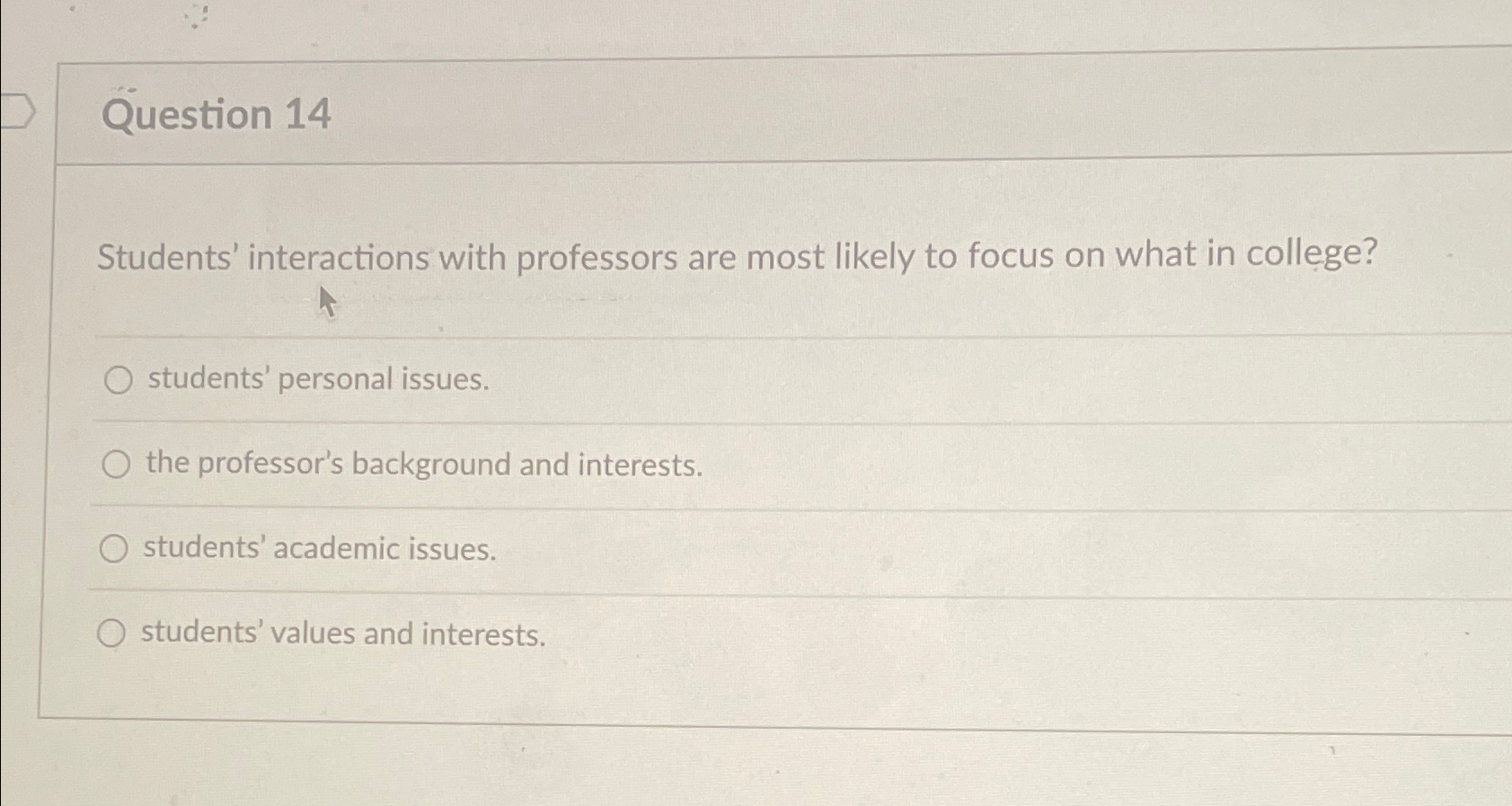  Question 14 Students' interactions with professors are most likely to focus