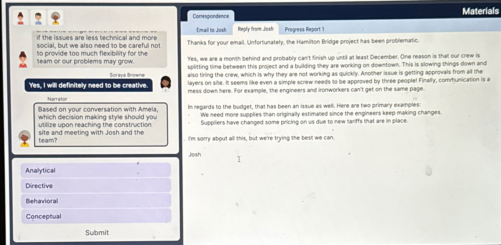  Correspondence Materials Email to Josh Reply from Josh Progress Report 1