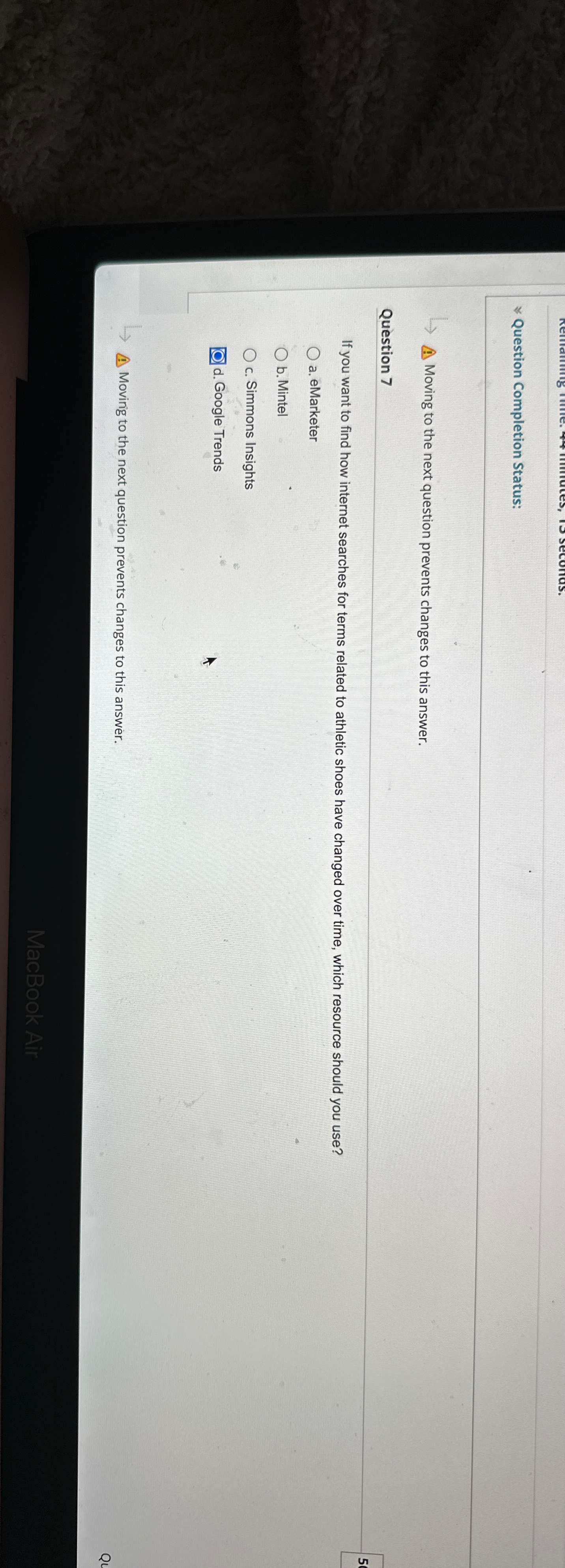  Question Completion Status: Moving to the next question prevents changes to