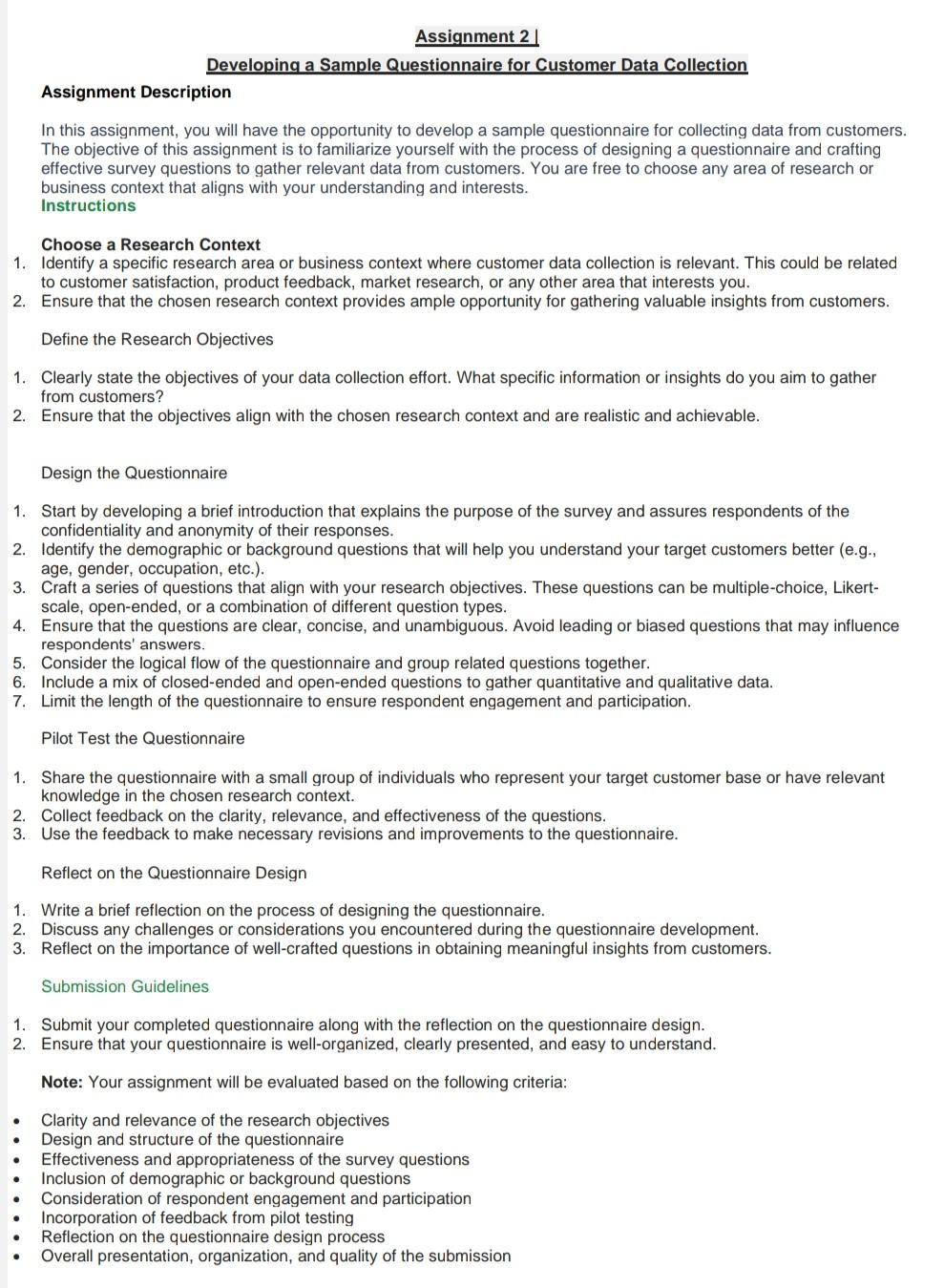 Assignment 21 Developing a Sample Questionnaire for Customer Data Collection Assignment