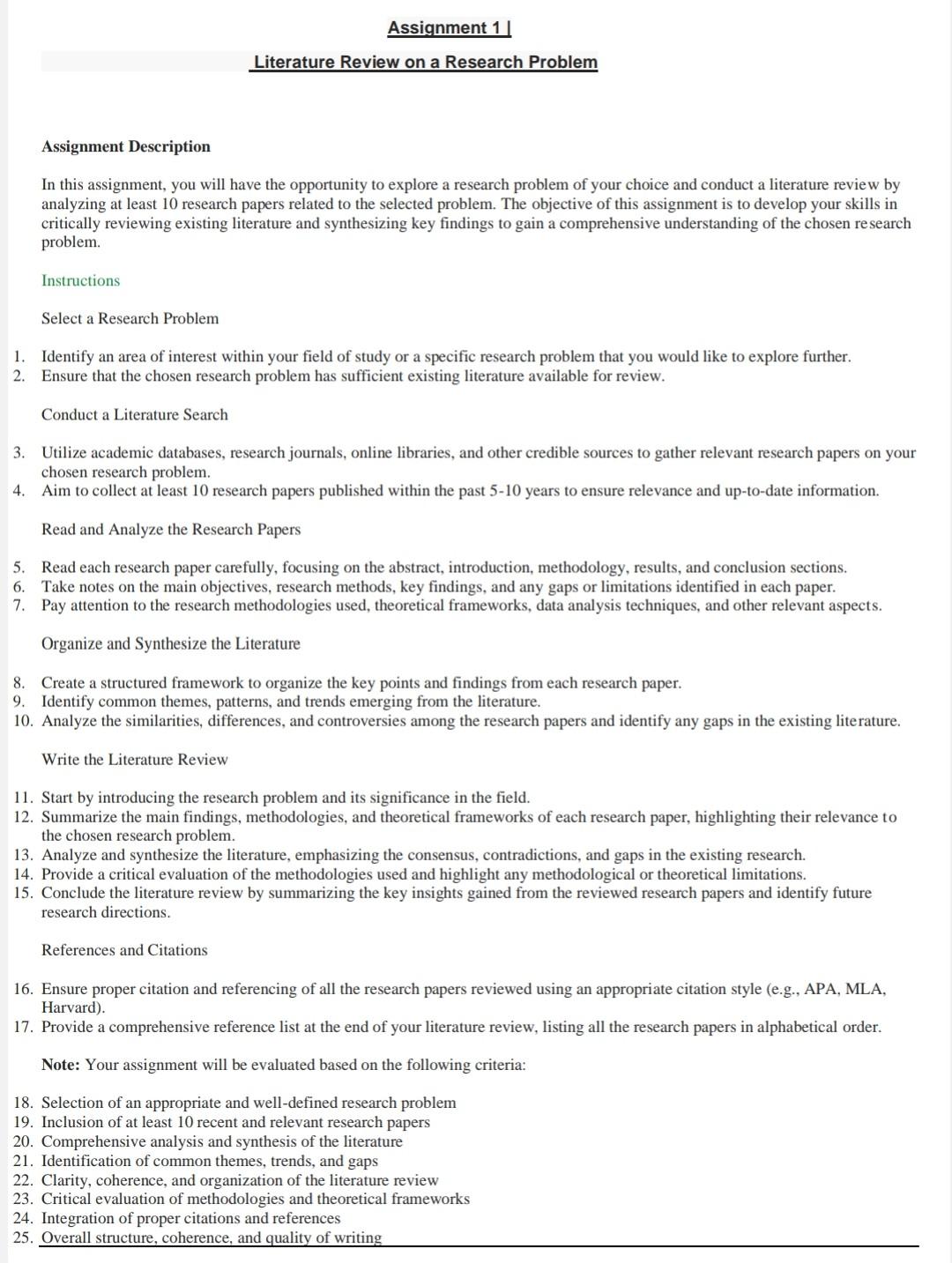 Assignment 1 Literature Review on a Research Problem Assignment Description In