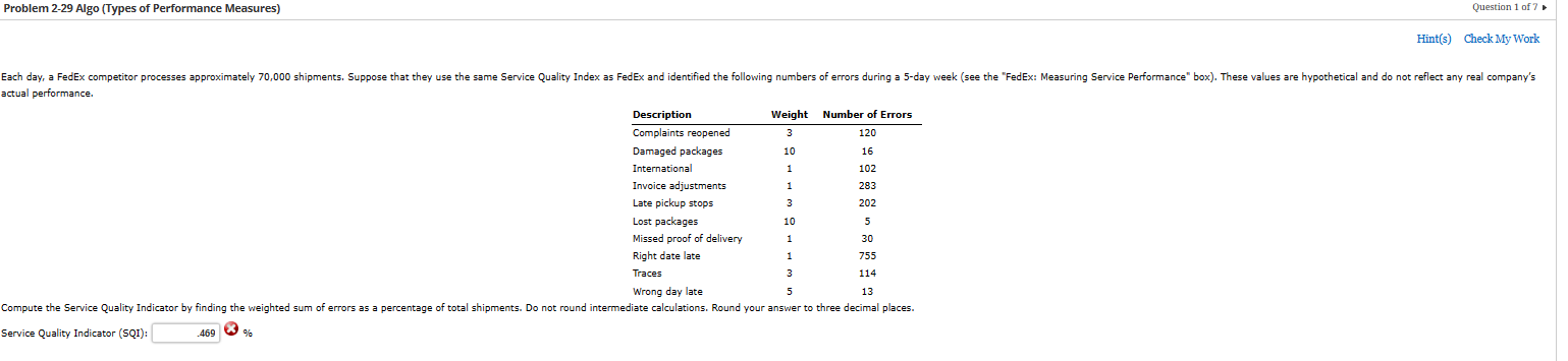  Problem 2-29 Algo (Types of Performance Measures) Question 1 of 7*