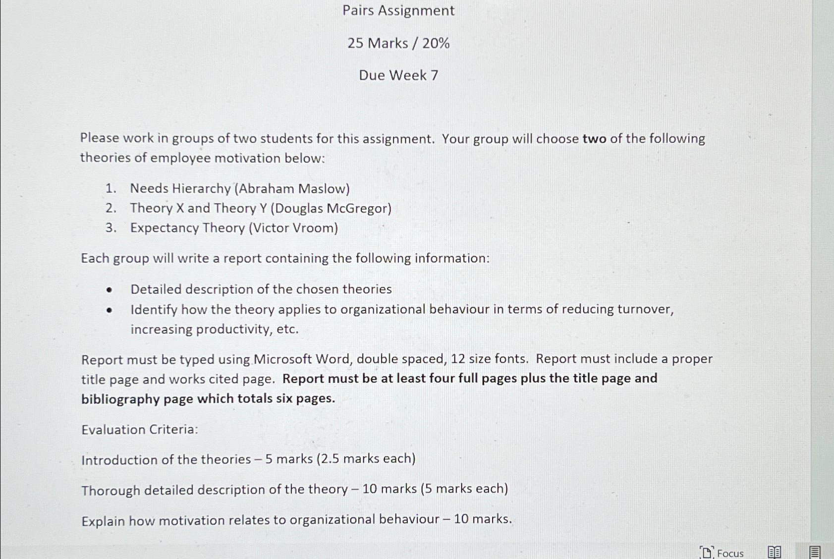  Pairs Assignment 25 Marks /20% Due Week 7 Please work in