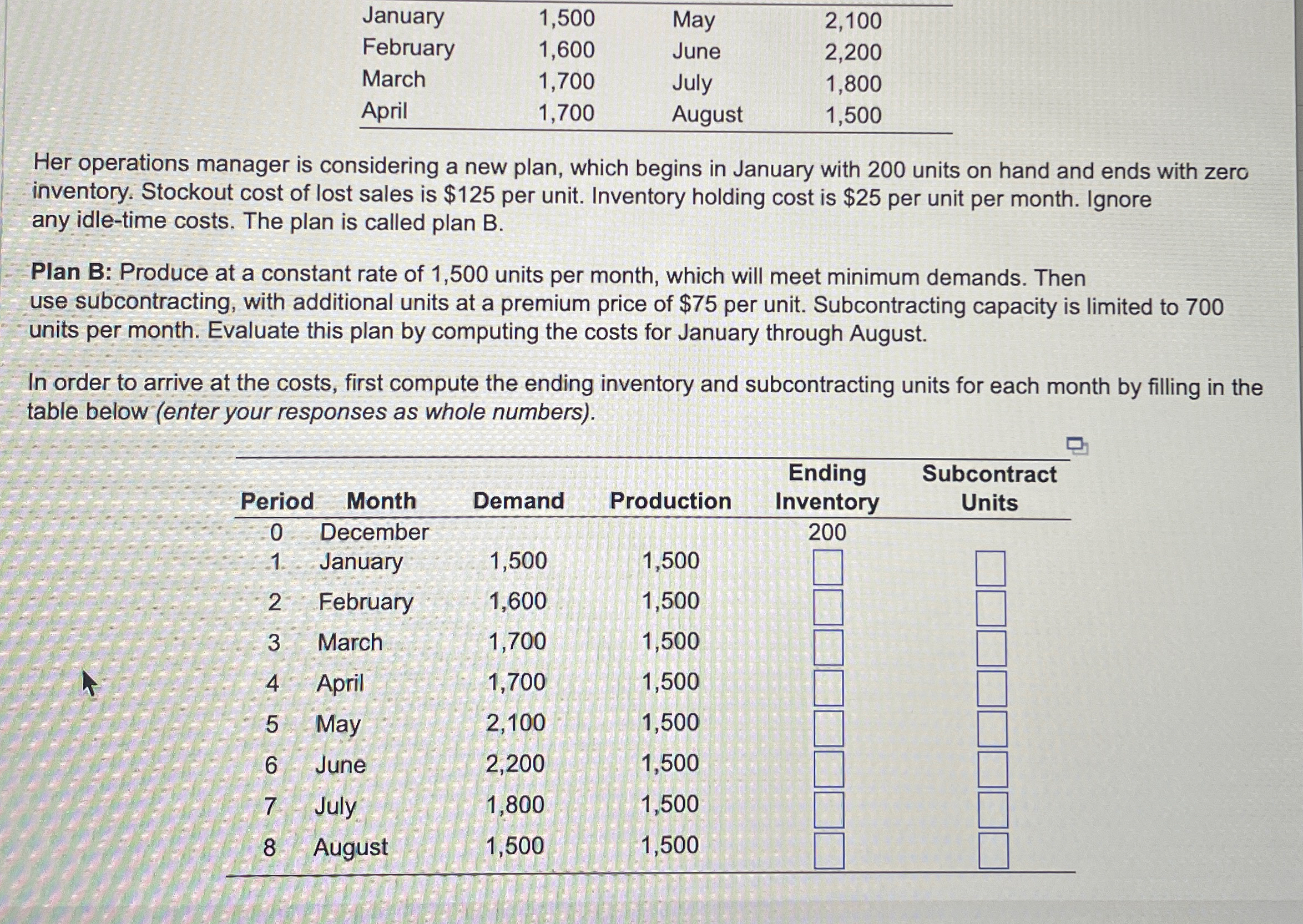  \table[[January,1,500,May,2,100],[February,1,600,June,2,200],[March,1,700,July,1,800],[April,1,700,August,1,500]] Her operations manager is considering a new plan, which begins