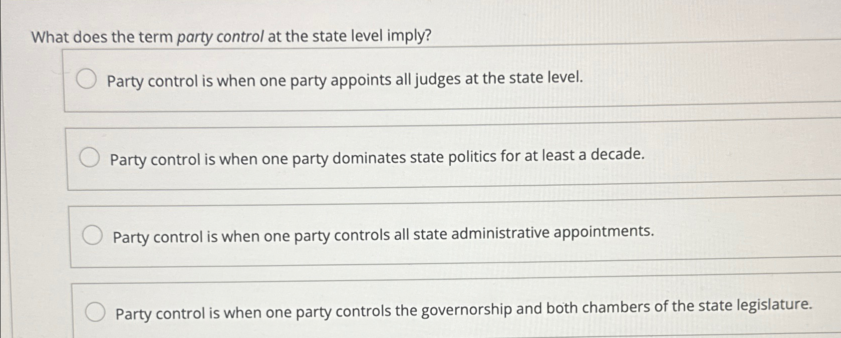  What does the term party control at the state level imply?