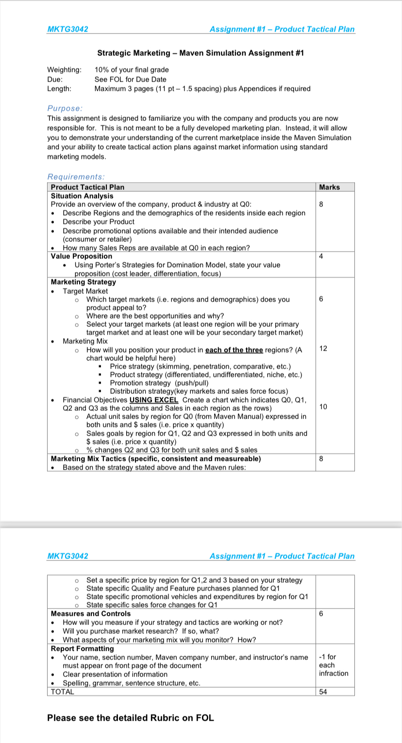  MKTG3042 Assignment #1- Product Tactical Plan Strategic Marketing - Maven Simulation