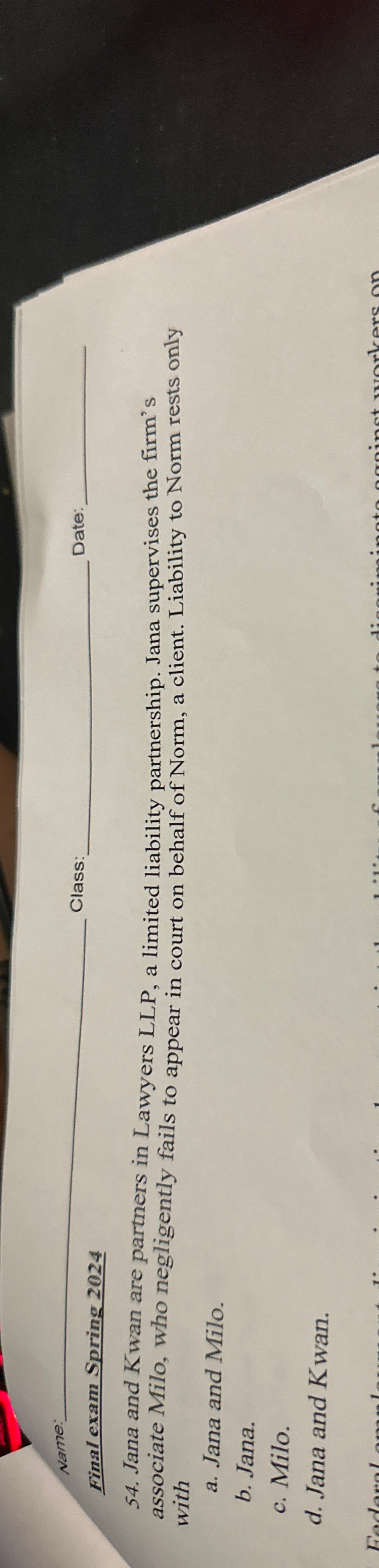  Name: q, Class: q, Final exam Spring 2024 54. Jana and