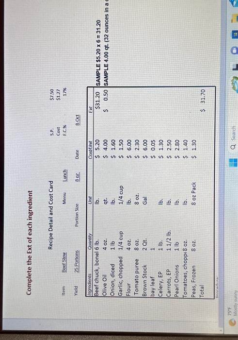 Complete the Ext of each ingredient AMPLE $5.206=31.20 AMPLE 4.00 qt.