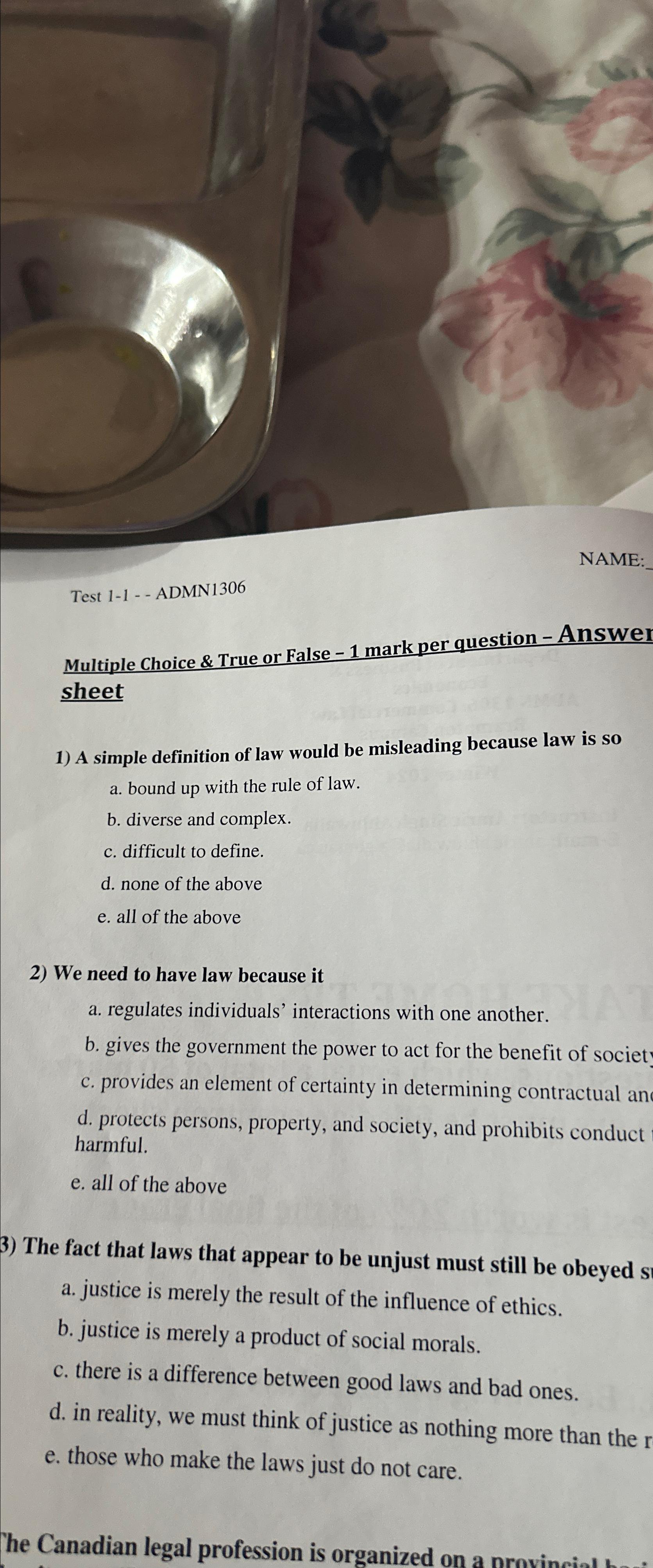  Test 1-1-- ADMN1306 Multiple Choice & True or False -1 mark