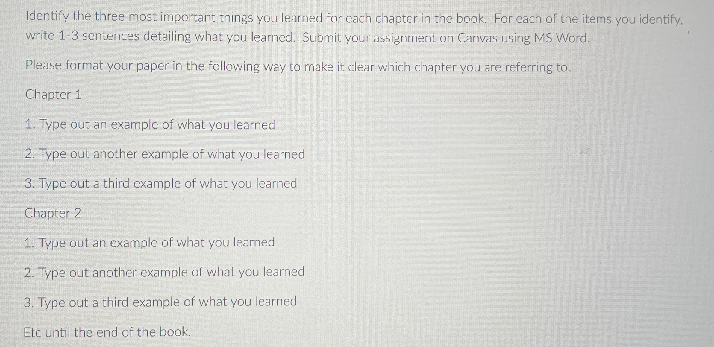  Identify the three most important things you learned for each chapter