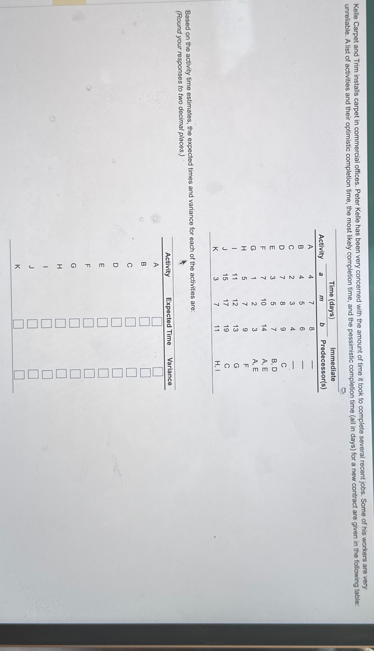  \table[[,Time (days),Immediate],[Activity,a,m,b,Predecessor(s)],[A,4,7,8,-],[B,4,5,6,-],[C,2,3,4,-],[D,7,8,9,C],[E,3,5,7,B, D],[F,7,10,14,A, E],[G,1,2,3,A, E],[H,5,7,9,F],[I,11,12,13,G],[J,15,17,19,C],[K,3,7,11,H, I]] Based on the activity time