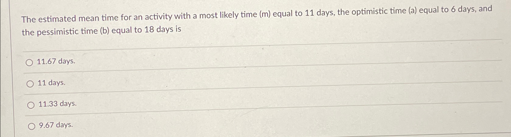  The estimated mean time for an activity with a most likely