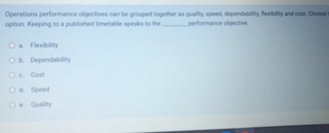 Operations performance objectives can be grouped together as quality, speed, dependability,