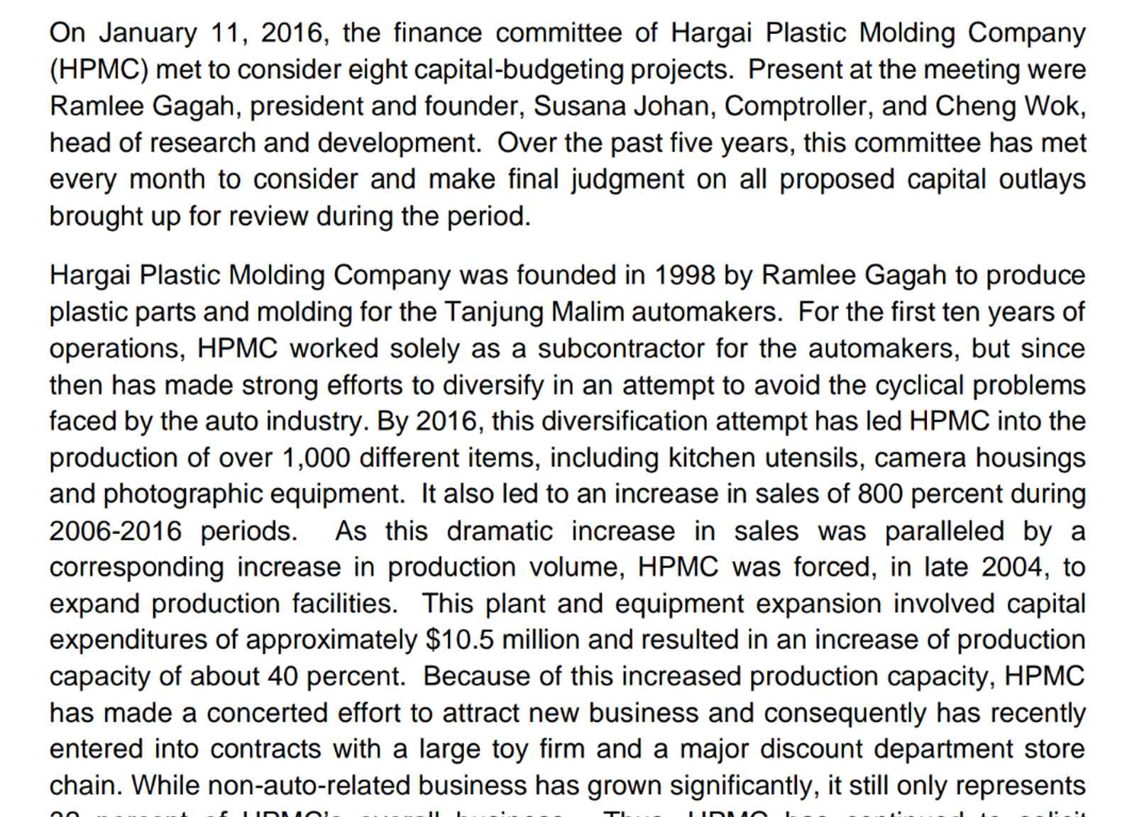  On January 11,2016, the finance committee of Hargai Plastic Molding Company