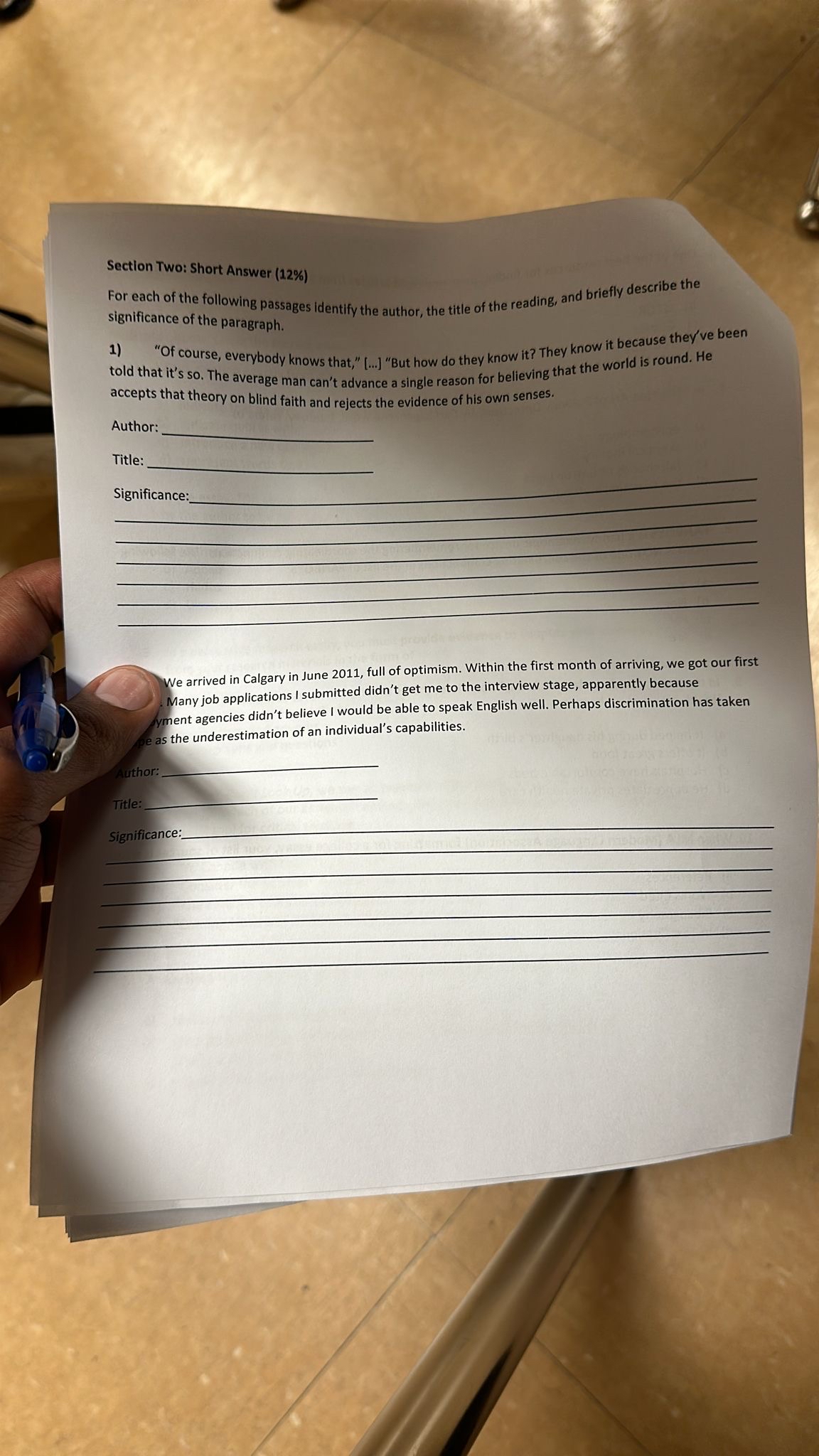  Section Two: Short Answer (12%) For each of the following passages