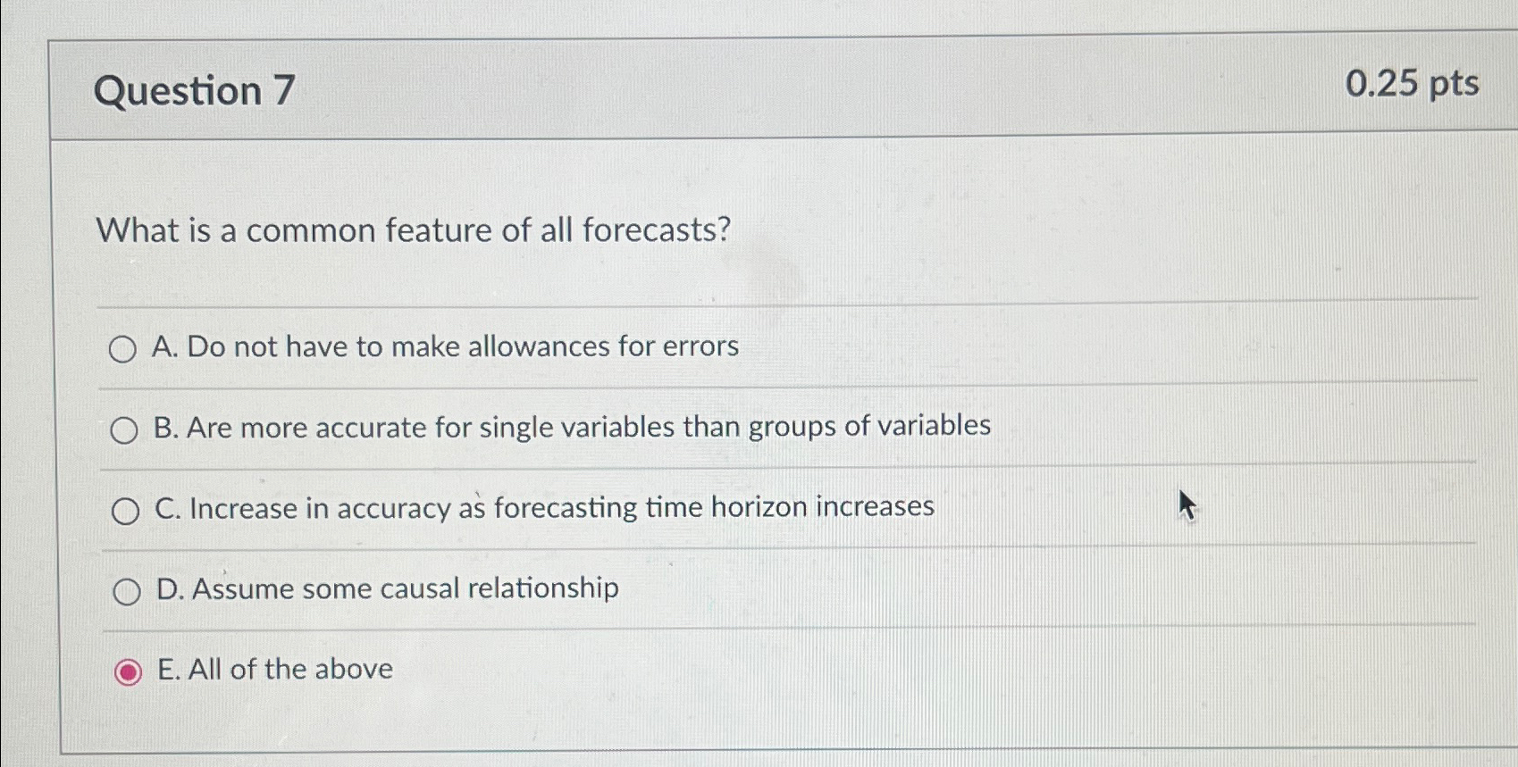  Question 7 0.25pts What is a common feature of all forecasts?
