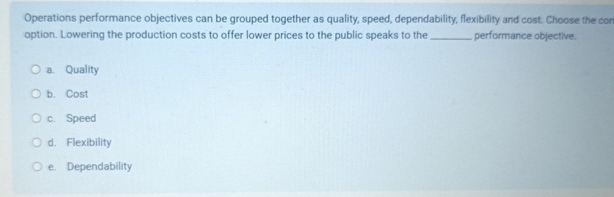  Operations performance objectives can be grouped together as quality, speed, dependability,
