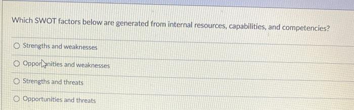  Which SWOT factors below are generated from internal resources, capabilities, and