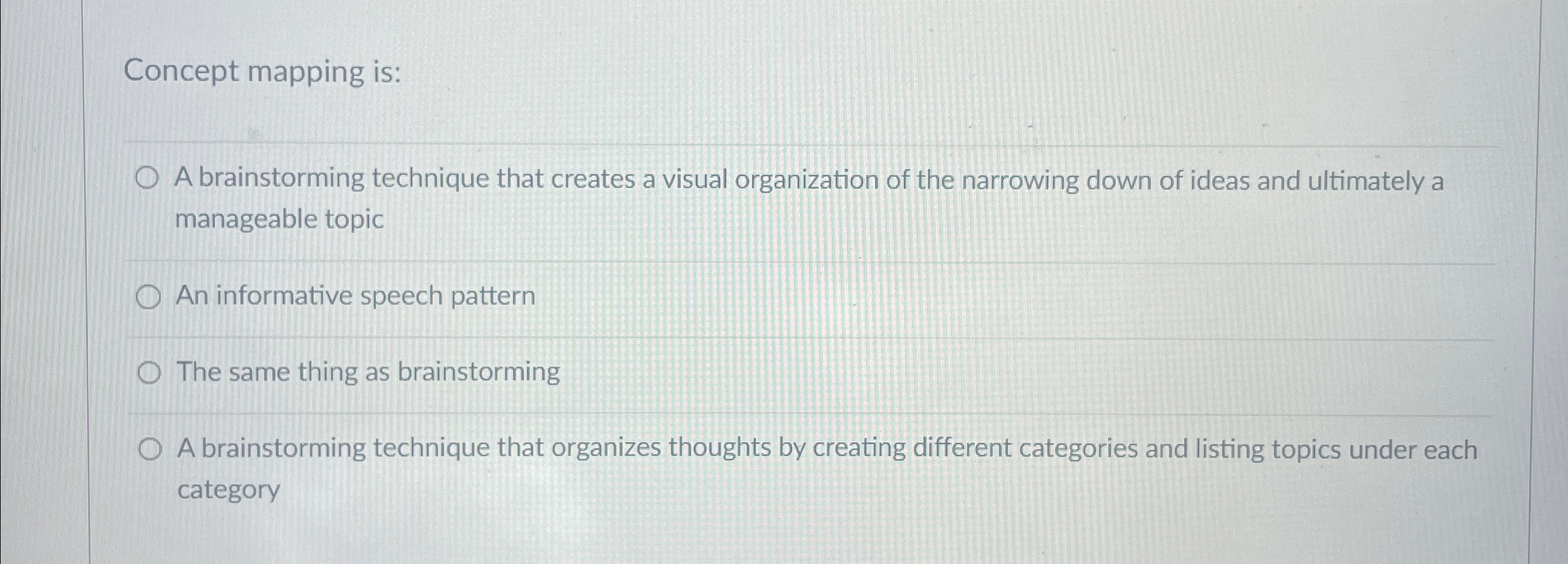  Concept mapping is: A brainstorming technique that creates a visual organization