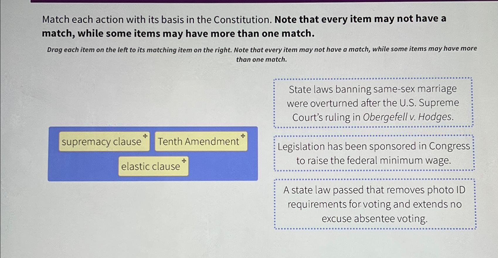 Match each action with its basis in the Constitution. Note that