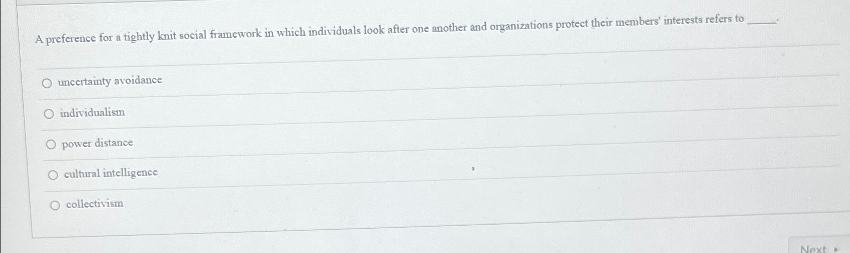  A preference for a tightly knit social framework in which individuals
