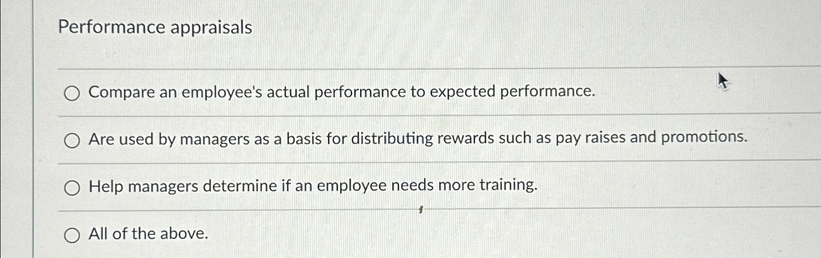  Performance appraisals Compare an employee's actual performance to expected performance. Are