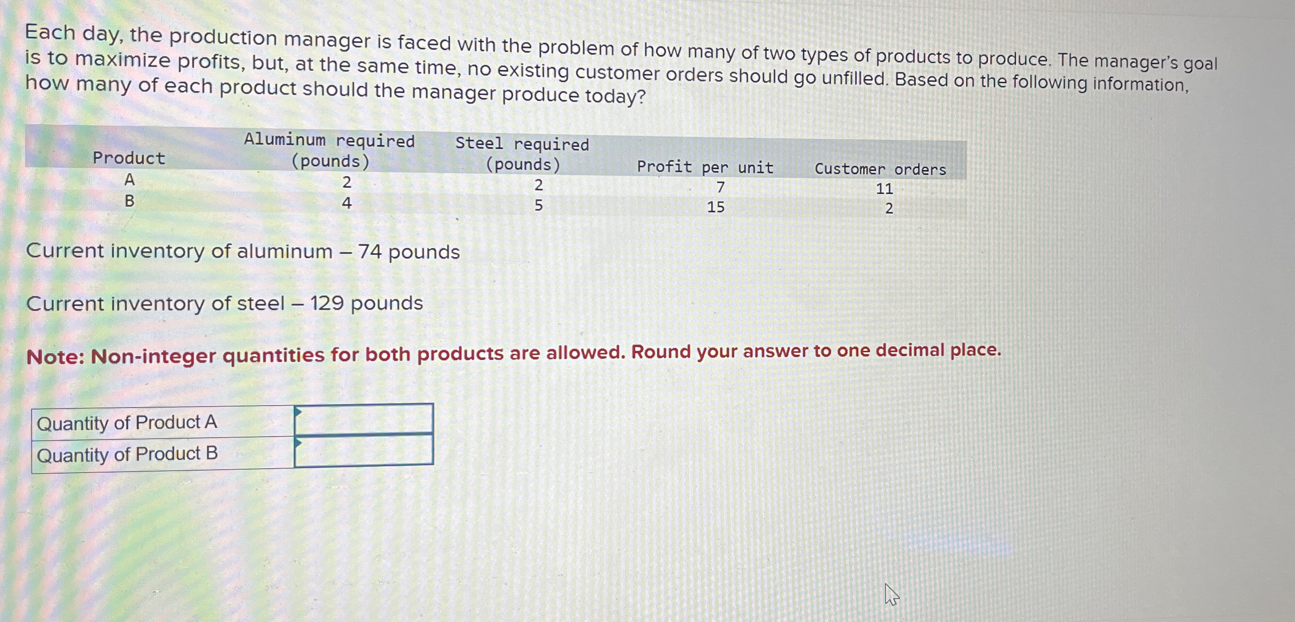  Each day, the production manager is faced with the problem of