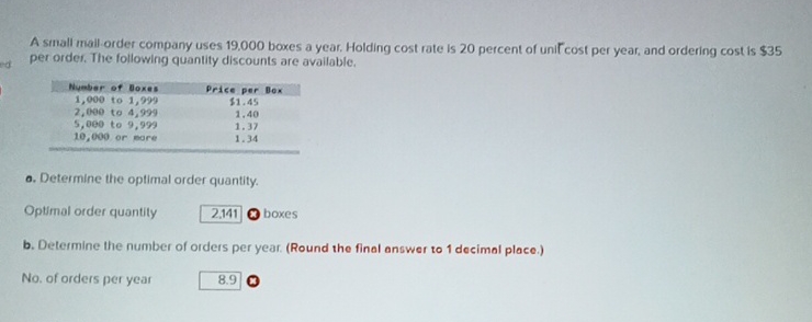  A sinall mail-order company uses 19.000 boxes a year. Holding cost
