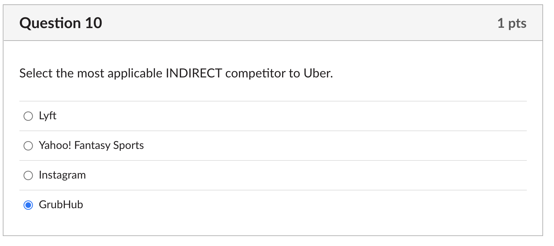  Question 10 1 pts Select the most applicable INDIRECT competitor to