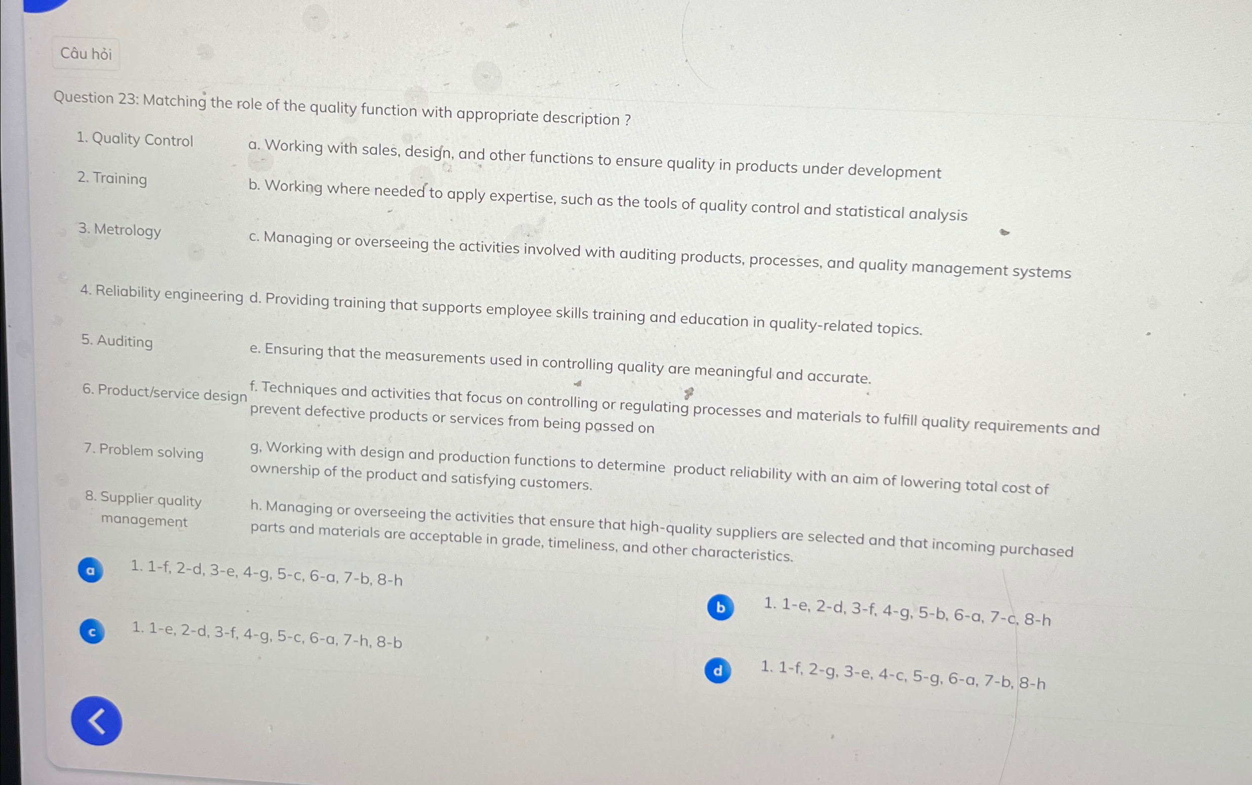  Cu hi Question 23: Matching the role of the quality function