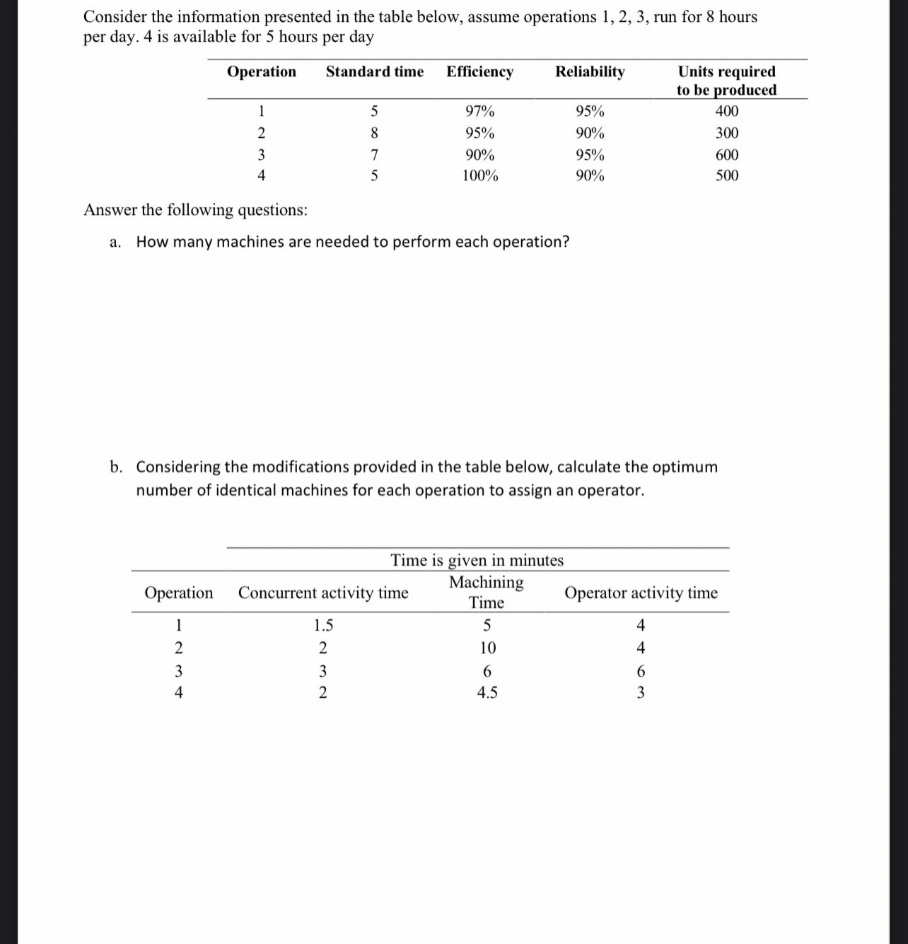 Consider the information presented in the table below, assume operations 1,2,3,