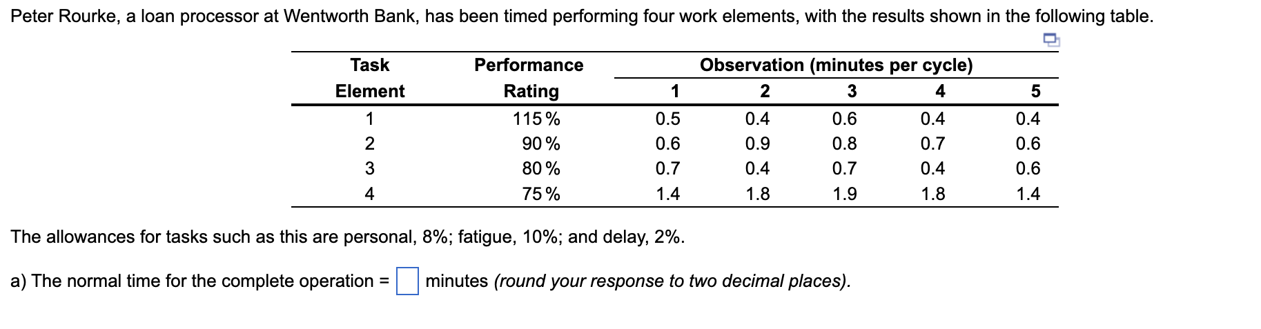 a) The normal time for the complete operation = nothing minutes(round