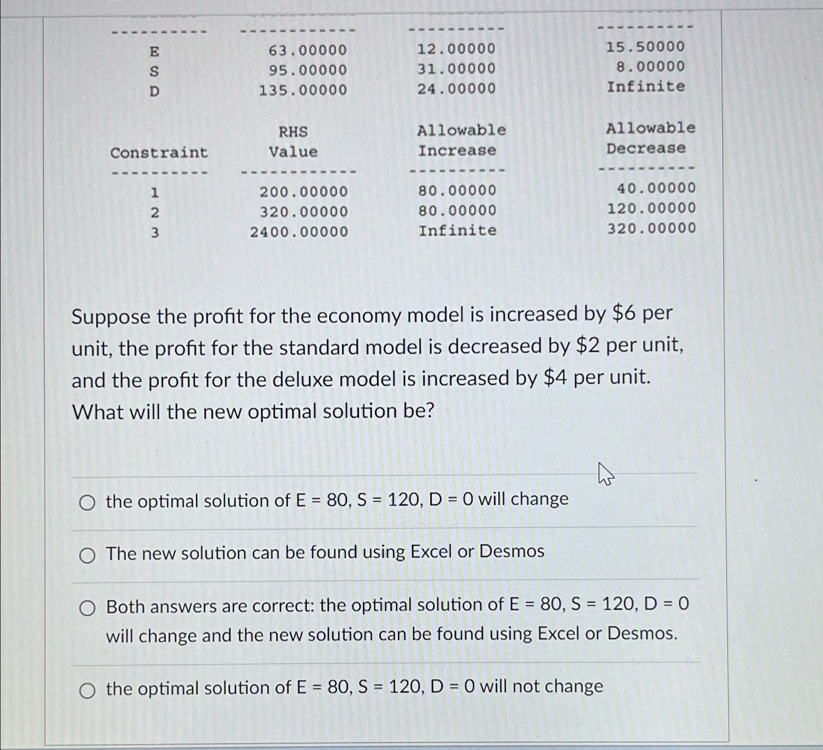  \table[[E,63.00000,12.00000,15.50000],[S,95.00000,31.00000,8.00000],[D,135.00000,24.00000,Infinite],[,,,],[,RHS,Allowable,Allowable],[Constraint,Value,Increase,Decrease],[1,200.00000,80.00000,40.00000],[2,320.00000,80.00000,120.00000],[3,2400.00000,Infinite,320.00000]] Suppose the profit for the economy model is increased by