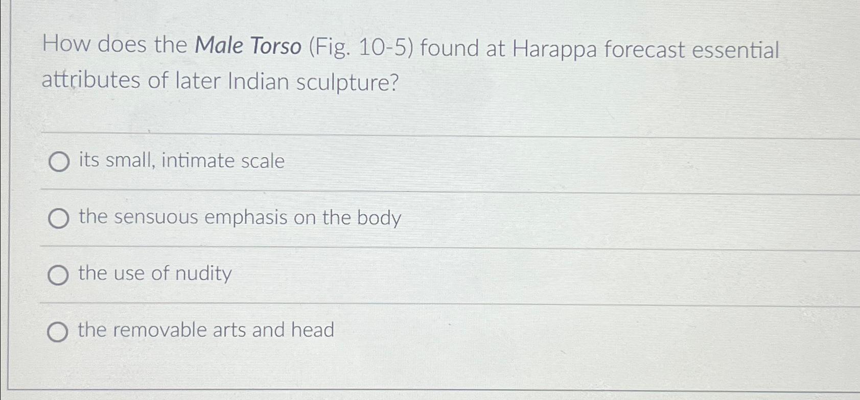  How does the Male Torso (Fig.10-5) found at Harappa forecast essential