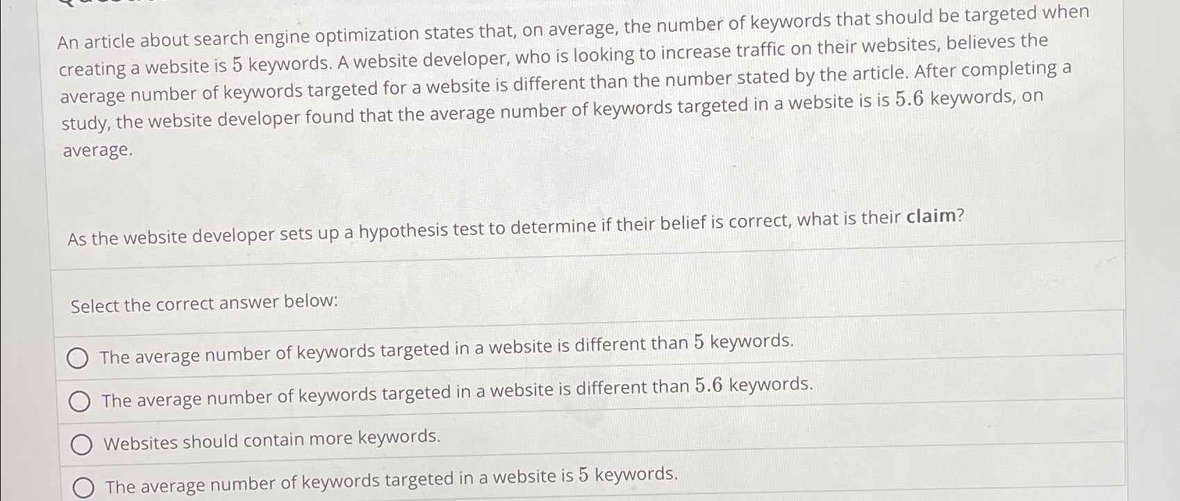  An article about search engine optimization states that, on average, the