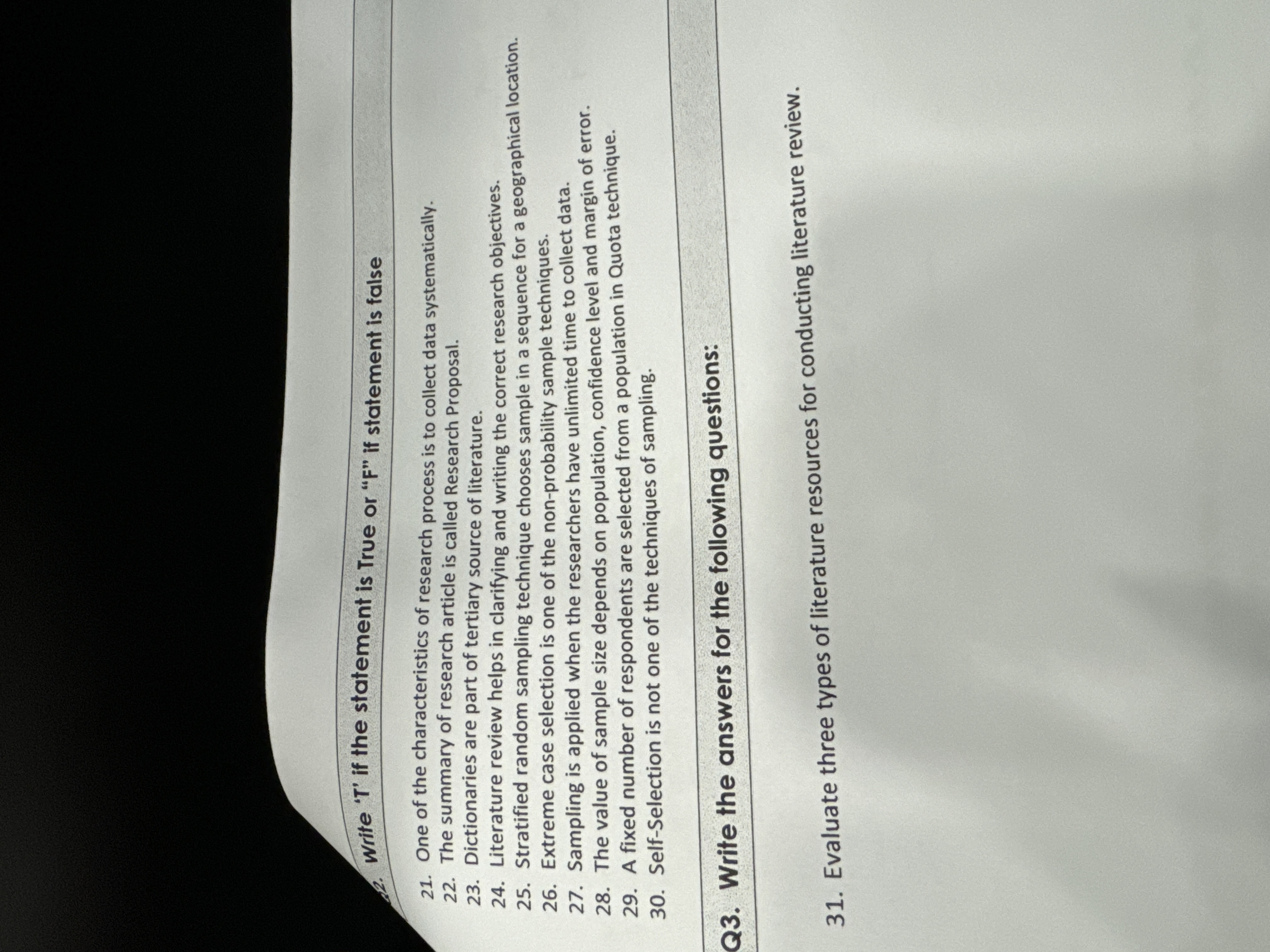  Write 'T' if the statement is True or "F" if statement