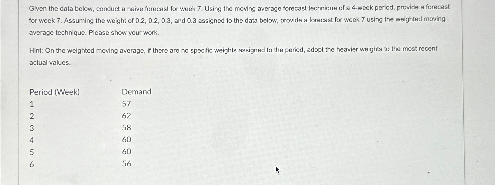  Given the data below, conduct a naive forecast for week 7.