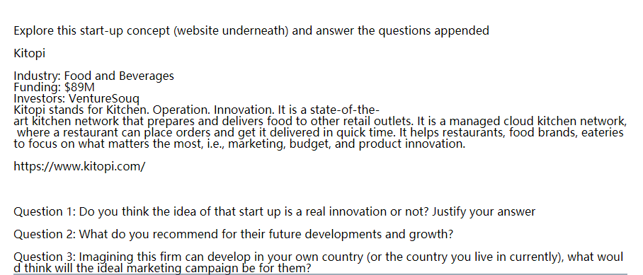 Explore this start-up concept (website underneath) and answer the questions appended