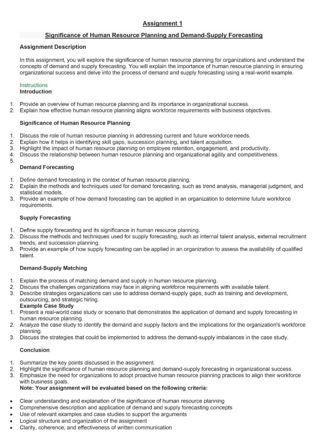 Assignment 1 Significance of Human Resource Planning and Demand-Supply Forecasting Assignment