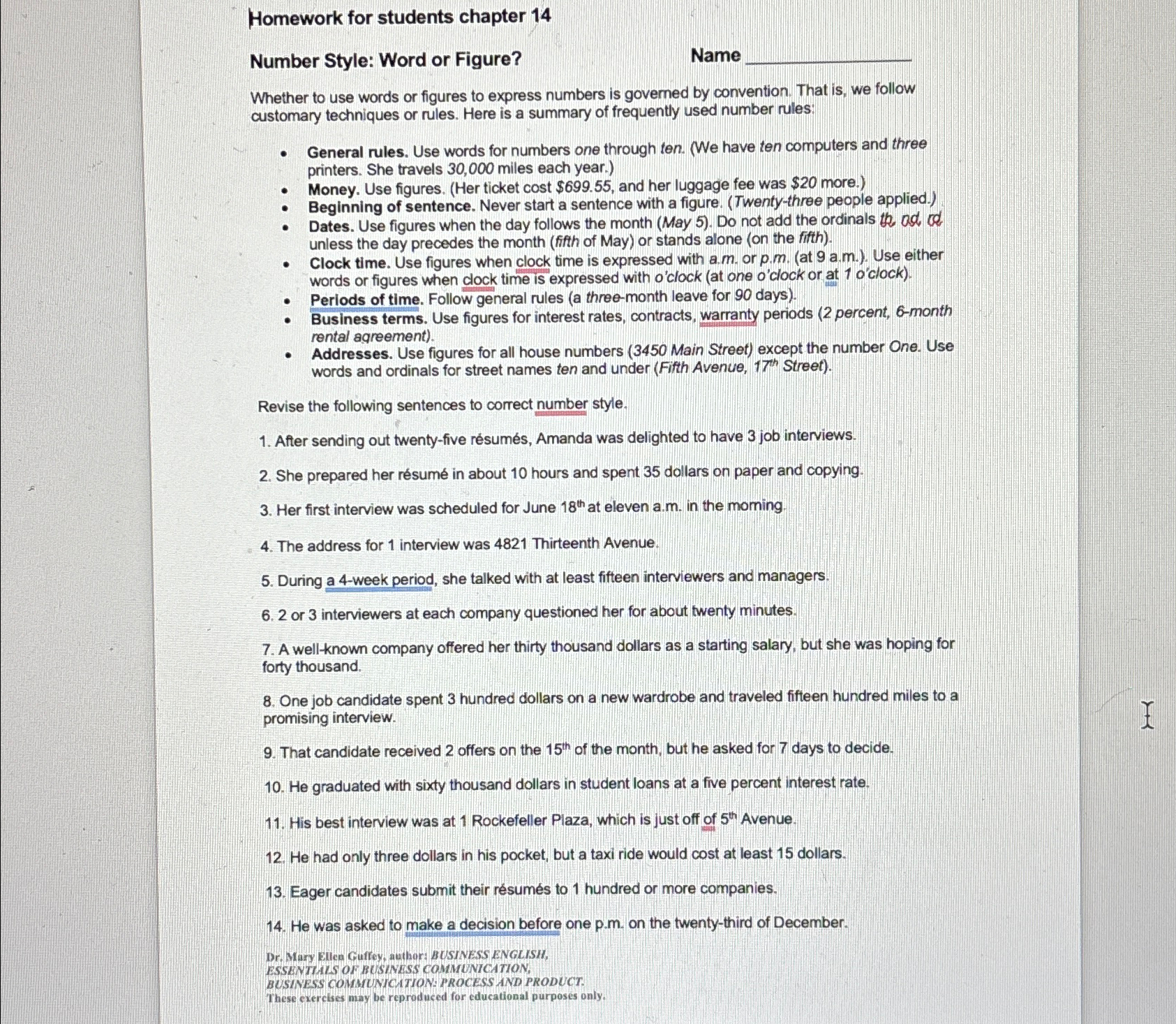  Homework for students chapter 14 Number Style: Word or Figure? Name