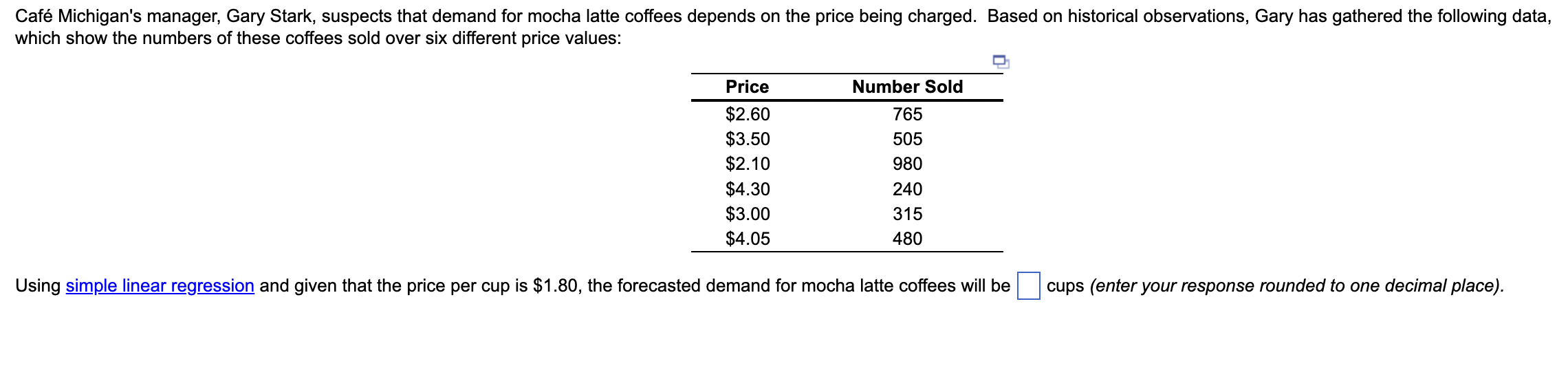 Using simple linear regression and given that the price per cup