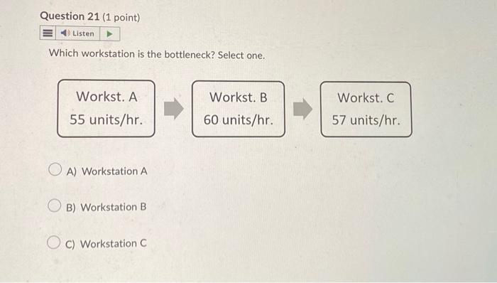  Which workstation is the bottleneck? Select one. Workst. A 55 units/hr.